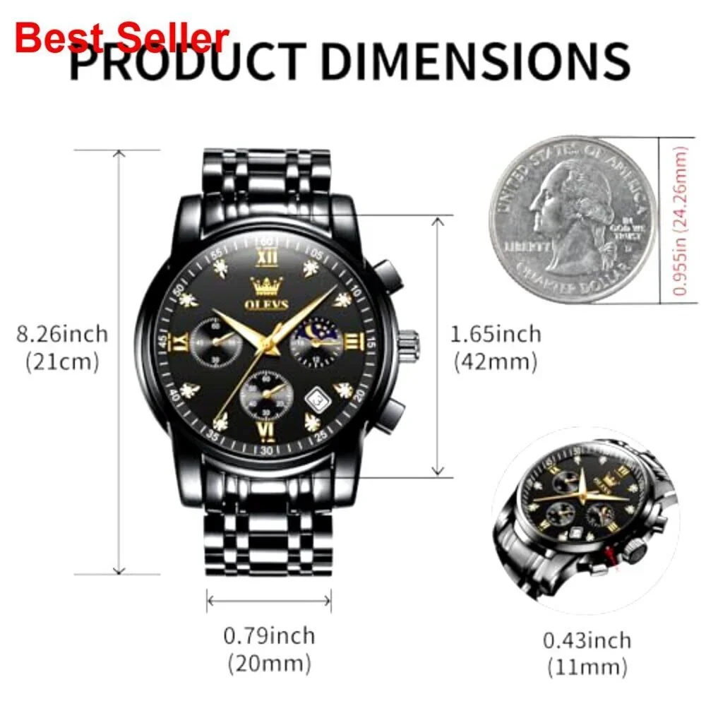 Stainless Steel Moon Phase Chronograph Watch with Date Display